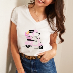 T-shirt Blanc Col V Pink Vespa