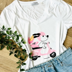 T-shirt Blanc Col V Pink Vespa