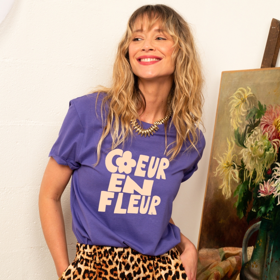 T-shirt Violet Coeur en Fleur