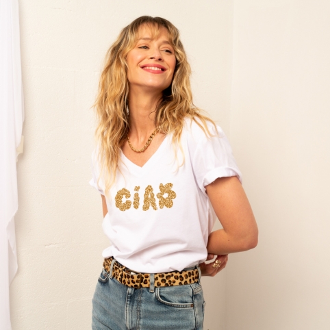 T-shirt Col V Blanc Ciao Fiorito Glitter collection FLEURILEGE