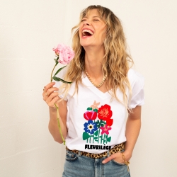 T-shirt Blanc Col V Fleurilège faubourg 54 FEMME