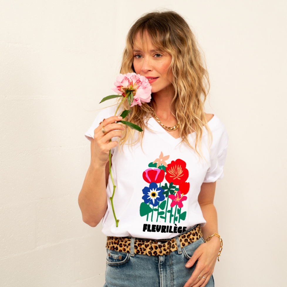 T-shirt Blanc Col V Fleurilège faubourg 54 FEMME