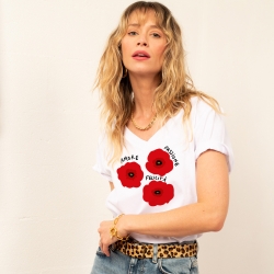 T-shirt Blanc Col V Coquelicot FEMME FAUBOURG 54