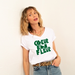 T-shirt Blanc Col V Coeur en Fleur Faubourg 54 FEMME
