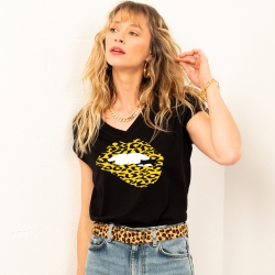 T-shirt Col V Martina Léopard Noir FEMME Faubourg54