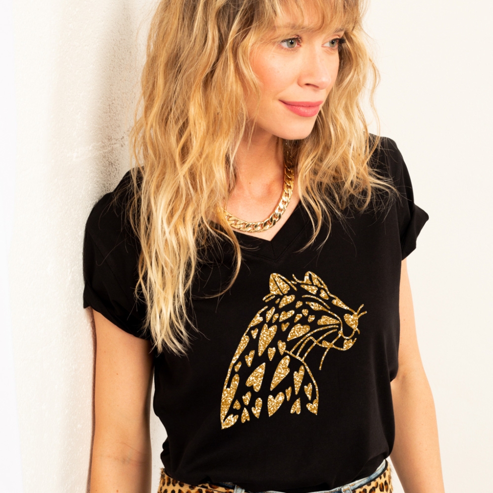 T-shirt Noir Col V Ghepardo Gold FEMME Faubourg54