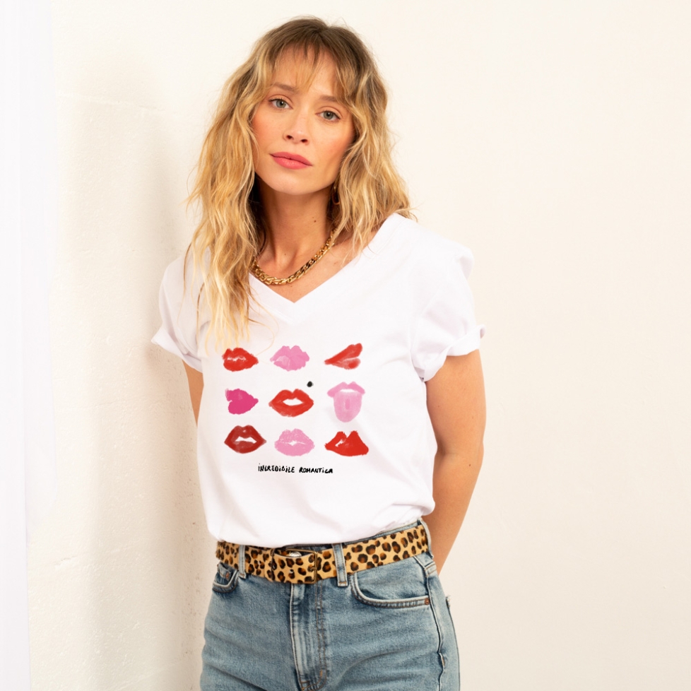 T-shirt Blanc Col V Incredibile Romantica FEMME Faubourg54
