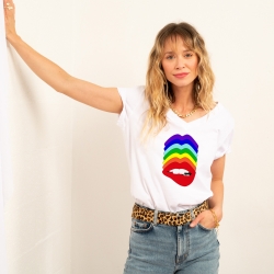 T-shirt Blanc Col V Bouche Martina Arc En Ciel FEMME Faubourg54
