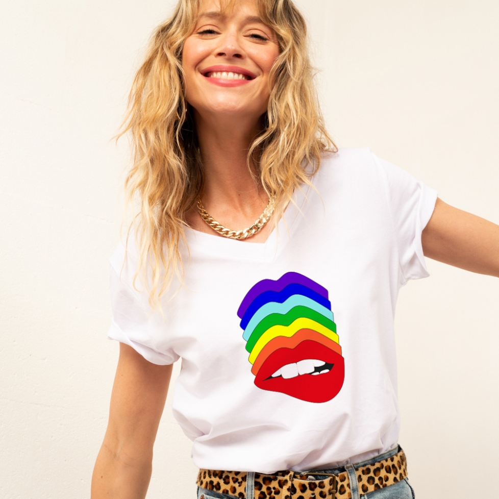 T-shirt Blanc Col V Bouche Martina Arc En Ciel FEMME Faubourg54