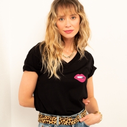 T-shirt Col V noir Bouche Martina rose Femme Faubourg 54