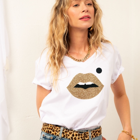 T-shirt Col V Blanc Bouche Cindy Gold Big