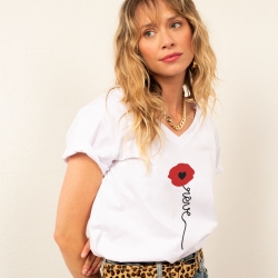 T-Shirt Col V Blanc Papavero rouge Femme Faubourg54