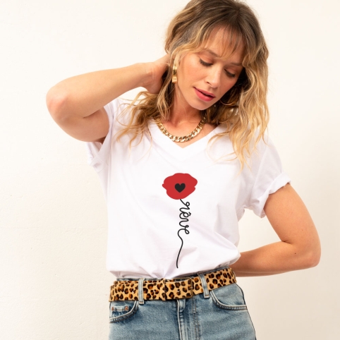 T-Shirt Col V Blanc Papavero