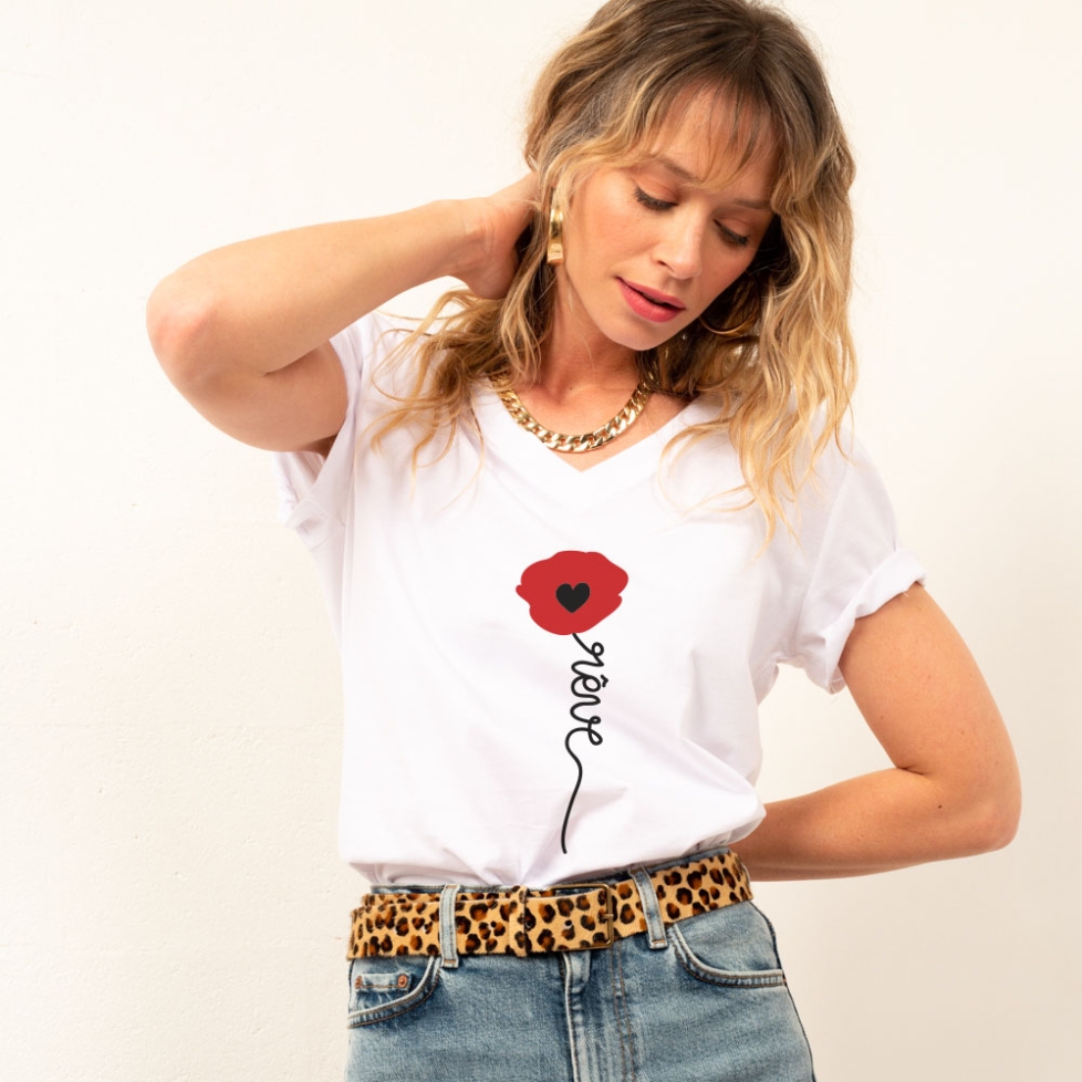 T-Shirt Col V Blanc Papavero rouge Femme Faubourg54