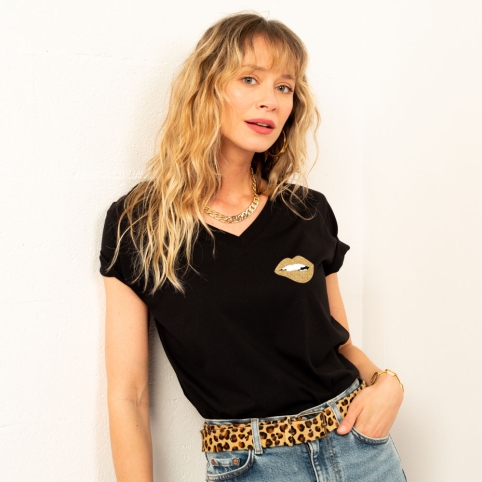 T-Shirt Col V Noir Bouche Martina Gold