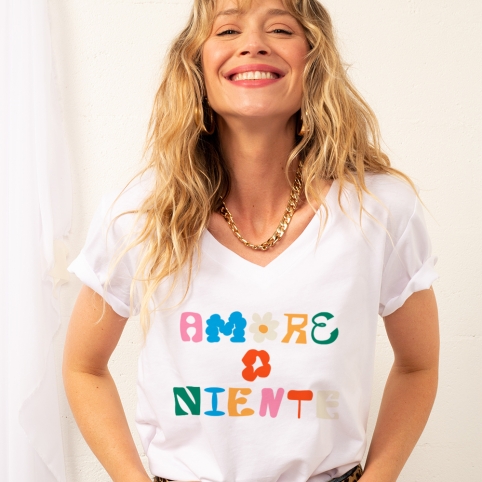 T-shirt Col V Blanc Amore o Niente
