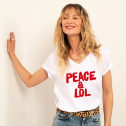 T-shirt Col V Blanc Peace & Lol Rouge Femme Faubourg54 T-shirt Col V Blanc Peace & Lol Rouge Femme Faubourg54