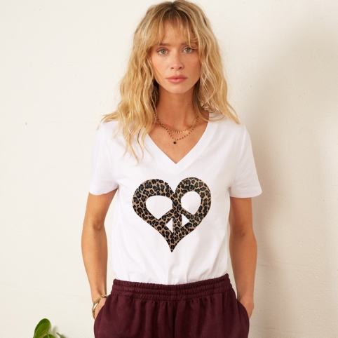 T-shirt Col V Blanc Cuore Della Pace Léopard