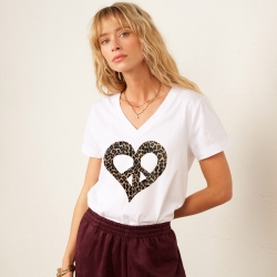 T-shirt Col V Blanc Cuore Della Pace Léopard Femme Faubourg54