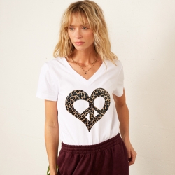 T-shirt Col V Blanc Cuore Della Pace Léopard Femme Faubourg54