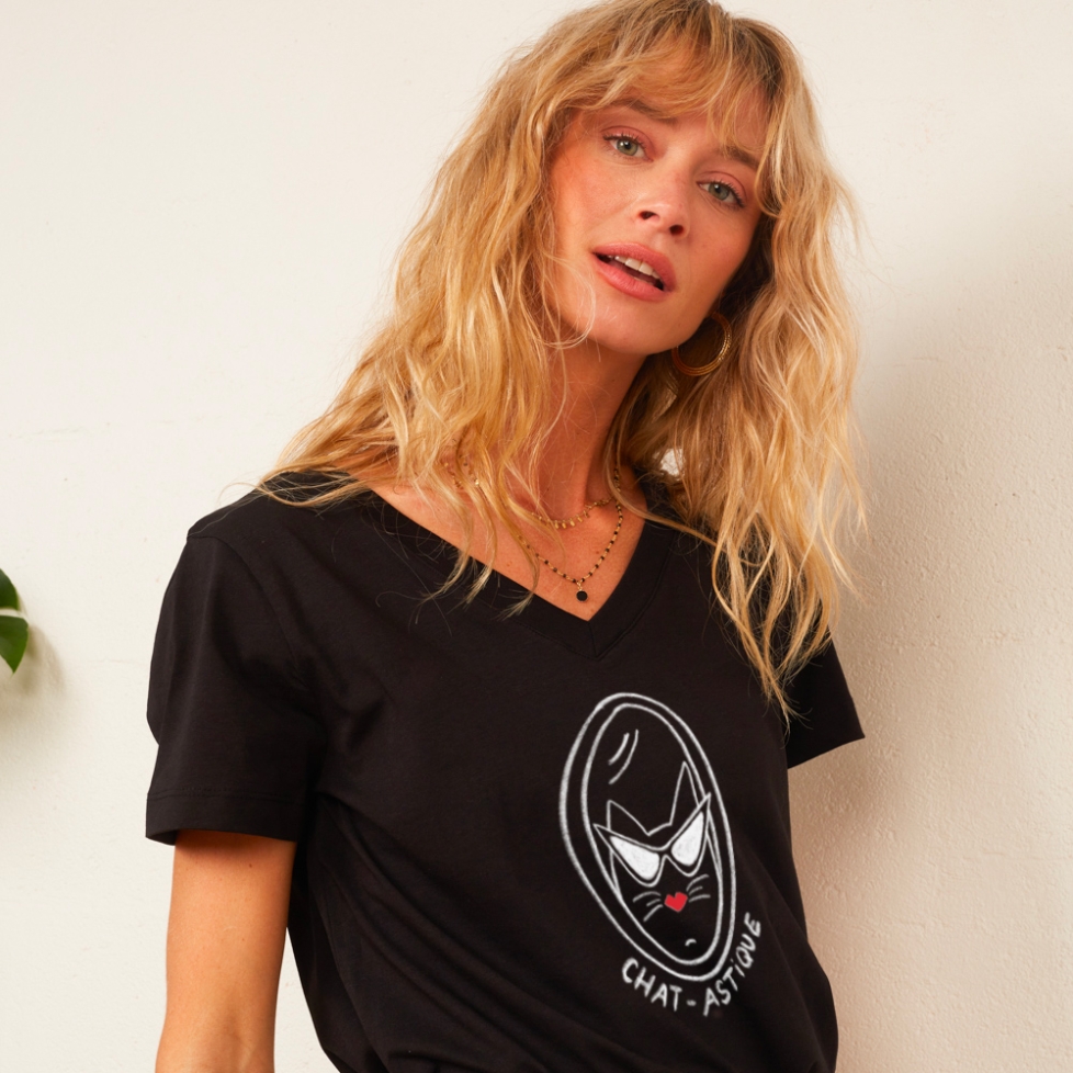 T-shirt Col V Noir Chat-Astique FEMME FAUBOURG54