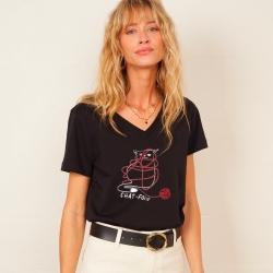 T-shirt Col V Noir Chat Foin