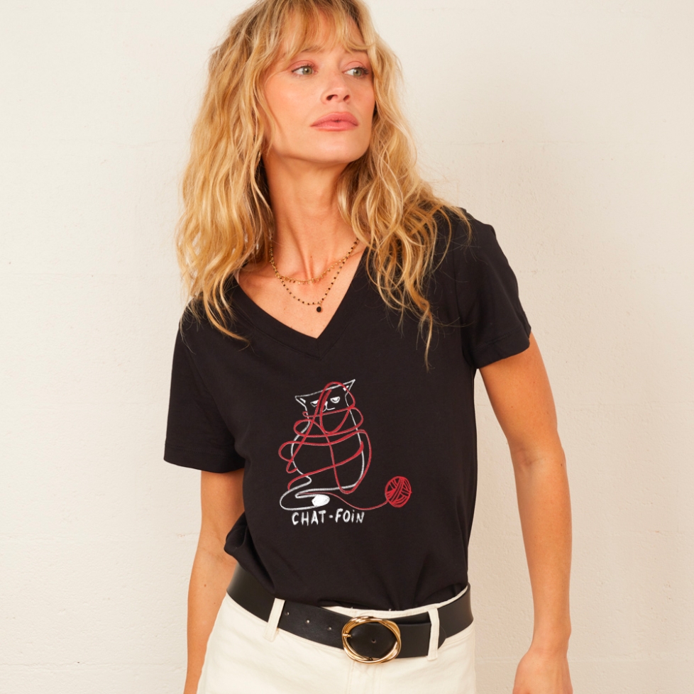 T-shirt Col V Noir Chat Foin FEMME FAUBOURG54