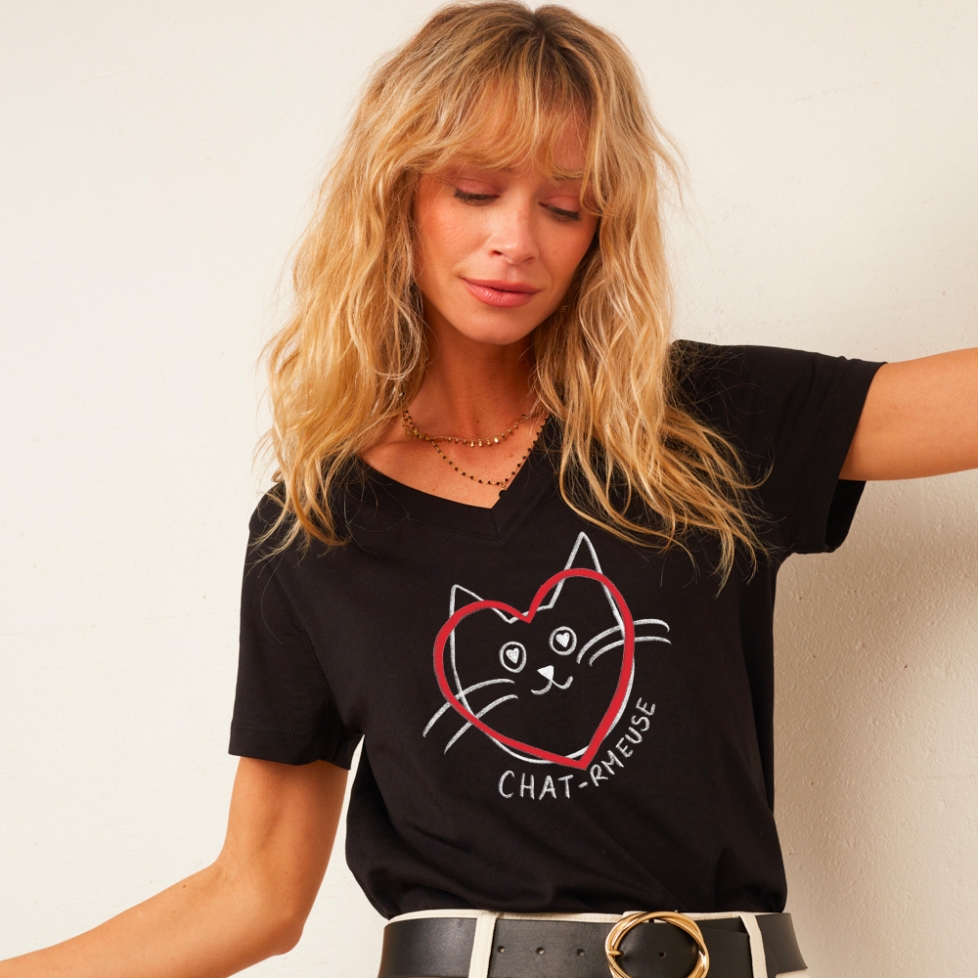 T-shirt Col V Noir Chat-rmeuse