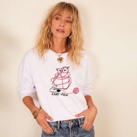 Sweat Boxy Blanc Chat Foin