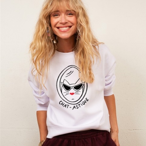 Sweat Boxy Blanc Chat-astique
