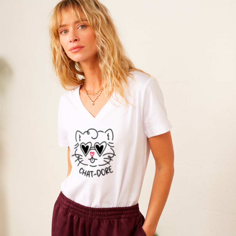 T-shirt Col V Blanc Chat-dore faubourg54 femme