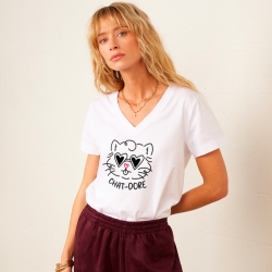 T-shirt Col V Blanc Chat-dore faubourg54 femme