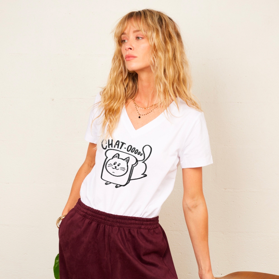 T-shirt Col V Blanc chat-ooo