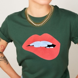 T-shirt Vert Bouteille Bouche Glitter Orange