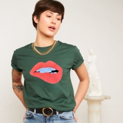 T-shirt Vert Bouteille Bouche Glitter Orange