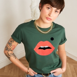 T-shirt Vert Bouteille Bouche Glitter Orange