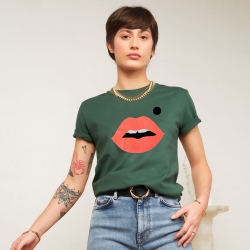 T-shirt Vert Bouteille Bouche Glitter Orange