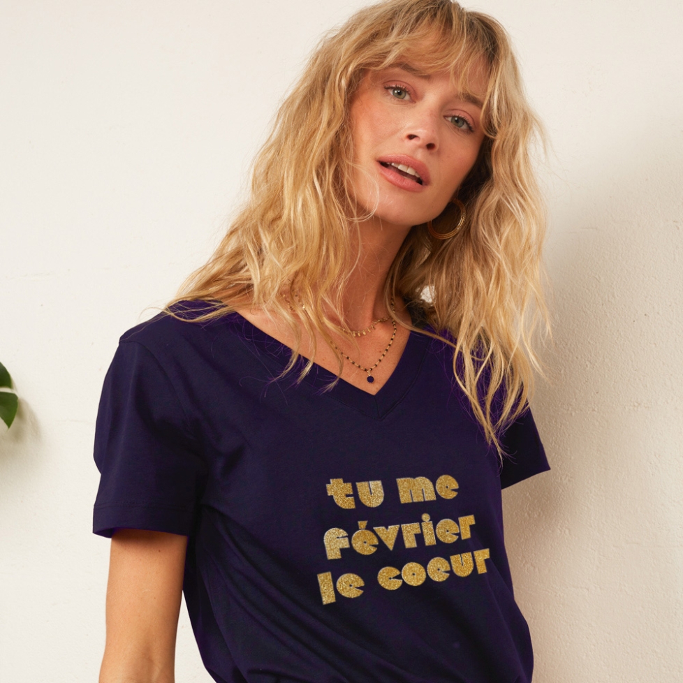 T-shirt Col V Navy Tu Me Février FAUBOURG54 Femme
