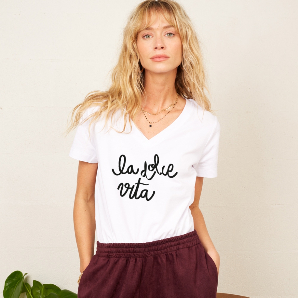 T-Shirt Col V Blanc La Dolce Vita