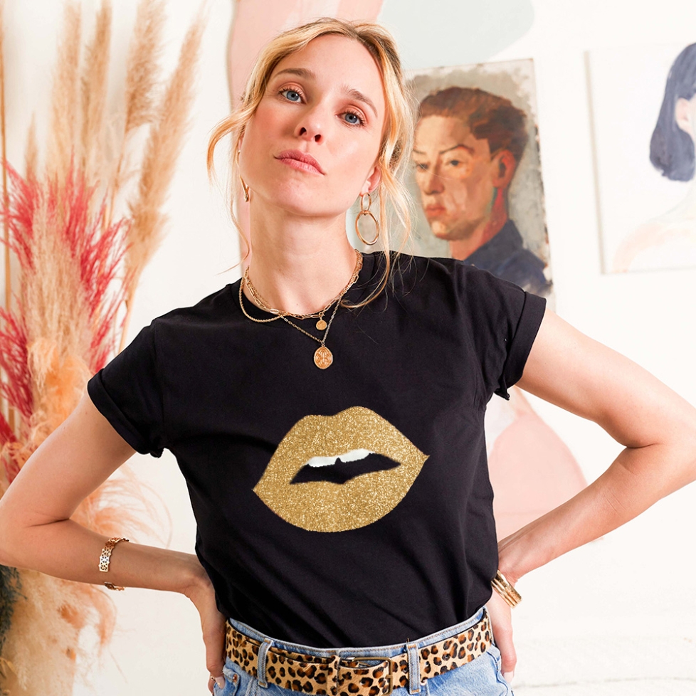 T-Shirt Noir Bouche Gold Glitter Big