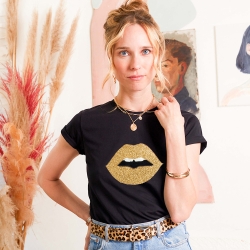 T-Shirt Noir Bouche Gold Glitter Big