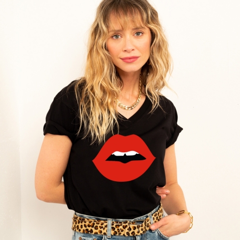 T-shirt Col V Noir Bouche Cindy Big
