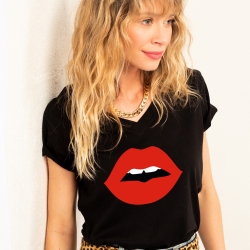 T-shirt Col V Noir Bouche Cindy Big