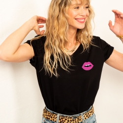 T-shirt Col V Noir Bouche Cindy Rose