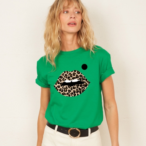 T-shirt Vert Bouche Léopard Big
