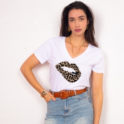 T-shirt Col V Bouche Léopard Big