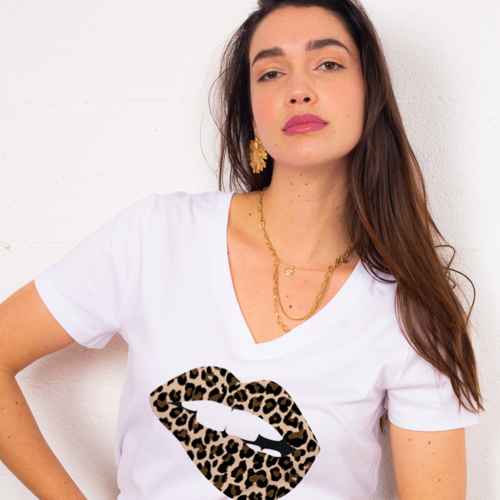 T-shirt Col V Bouche Léopard Big