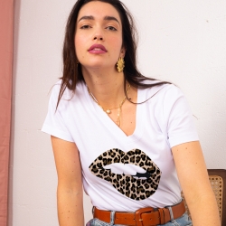 T-shirt Col V Bouche Léopard Big