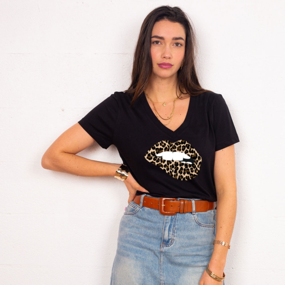 T-shirt Col V Bouche Léopard Big