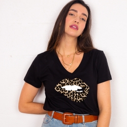 T-shirt Col V Bouche Léopard Big